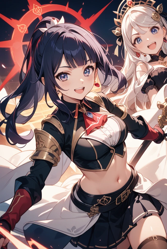 yor briar, anime style beutiful woman, 1girl,fullbody, happy, smile, red face, closed mouth, beautiful detailed eyes, super detailed skin, backlighting, bare shoulders, black background, black dress, black gloves, black hair, breasts, dress, earrings, fingerless gloves, floating hair, floral print, flower, gloves, gold earrings, gold hairband, hair flower, hair ornament, hairband, holding, holding weapon, jewelry, large breasts, long hair, looking at viewer, off-shoulder dress, off shoulder,red eyes, short hair with long locks, sidelocks, solo, spikes, thighs, two-sided dress, two-sided fabric, weapon, fighting stance , face, close up, from above, highest quality, high resolution.
