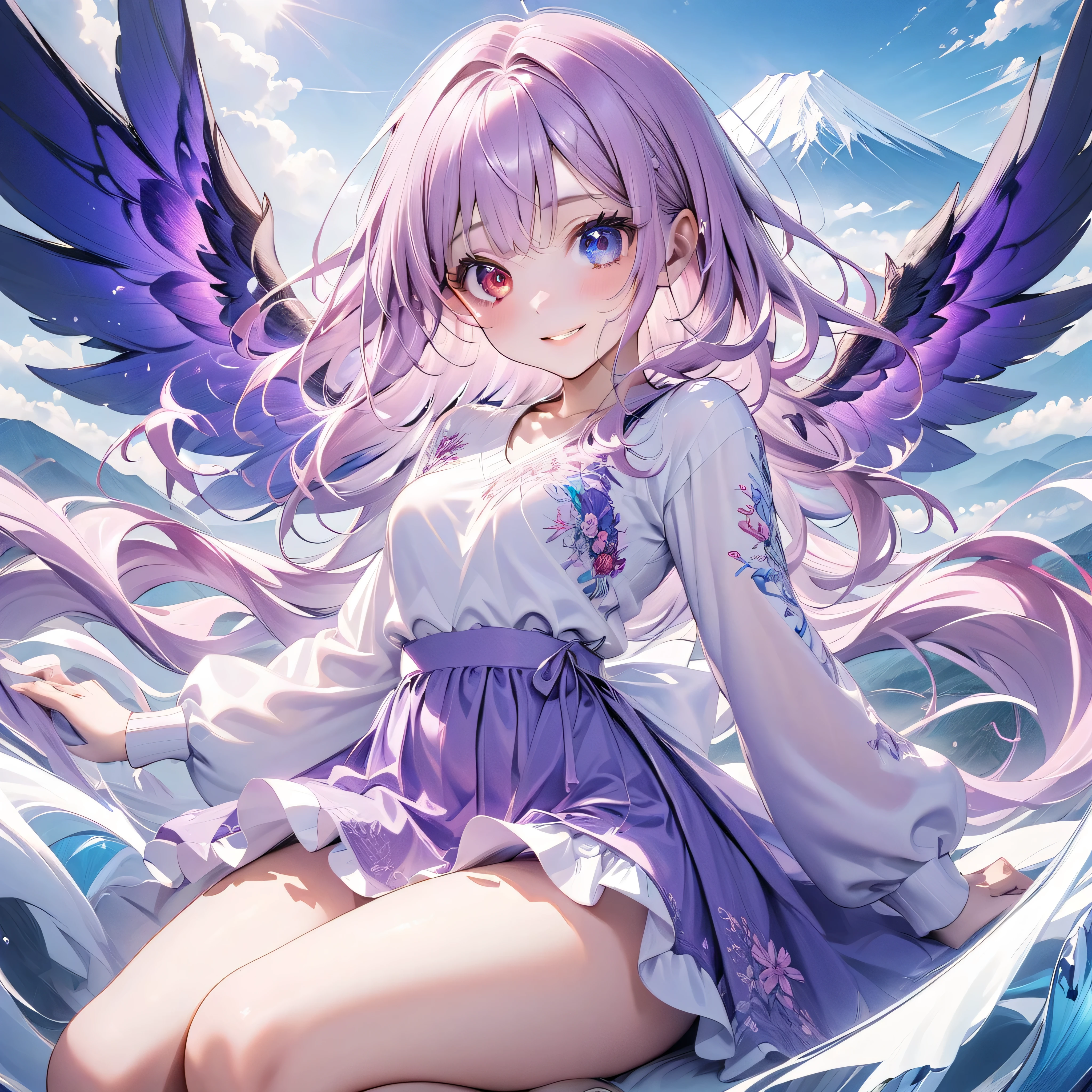 (Highest quality, 8K, highest resolution, masterpiece, ultra-realistic)), ((Heterochromia, red eyes, blue eyes)), ((Purple wings)), ((Odd-eyed fairy high school girl)), ((Heterochromia, red eyes, blue eyes)), ((Sparkling, delicate eyes)), ((Crystal-like eyes)), ((Platinum and purple wavy long hair)), Hime cut, ((Transparent, shining white skin)), Glossy skin, Pure white skin, ((Small chest)), ((Five fingers with attention paid to even the fingertips)), ((Red cotton no-skirt with an open back and floral embroidery)), Wearing a long-sleeved V-neck sweater), ((Wearing a moss blue ruffled skirt)), ((Sitting with her legs stretched out in the air with Mt. Fuji behind her)), ((She has two beautiful purple wings on the right side of her back and two on the left)), ((A beautiful moonlit Mt. Fuji)), ((From above, upper body, looking down)), ((The wind is blowing her hair), purple wings, smiling, so beautiful, so wonderful, so fantastical, the huge and beautiful base of Mt. Fuji, full of majesty