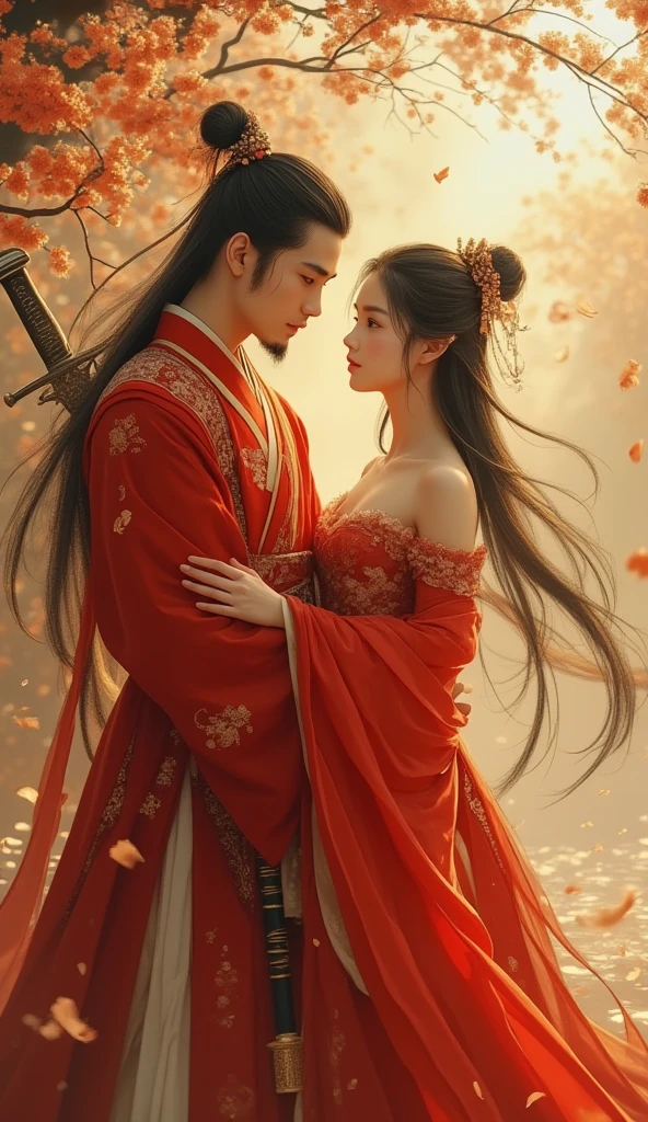 best qualtiy， ultra - detailed， Cinematic texture，filmposter， A high resolution， 8k wallpaper， realistic detail， Clothing details， skin detailed， Ancient Chinese couple，Look at each other，（Stand among the red rose bushes），Hazy red rose background