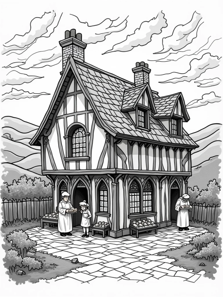 Black and white line drawing stained glass style Medieval style Bakery