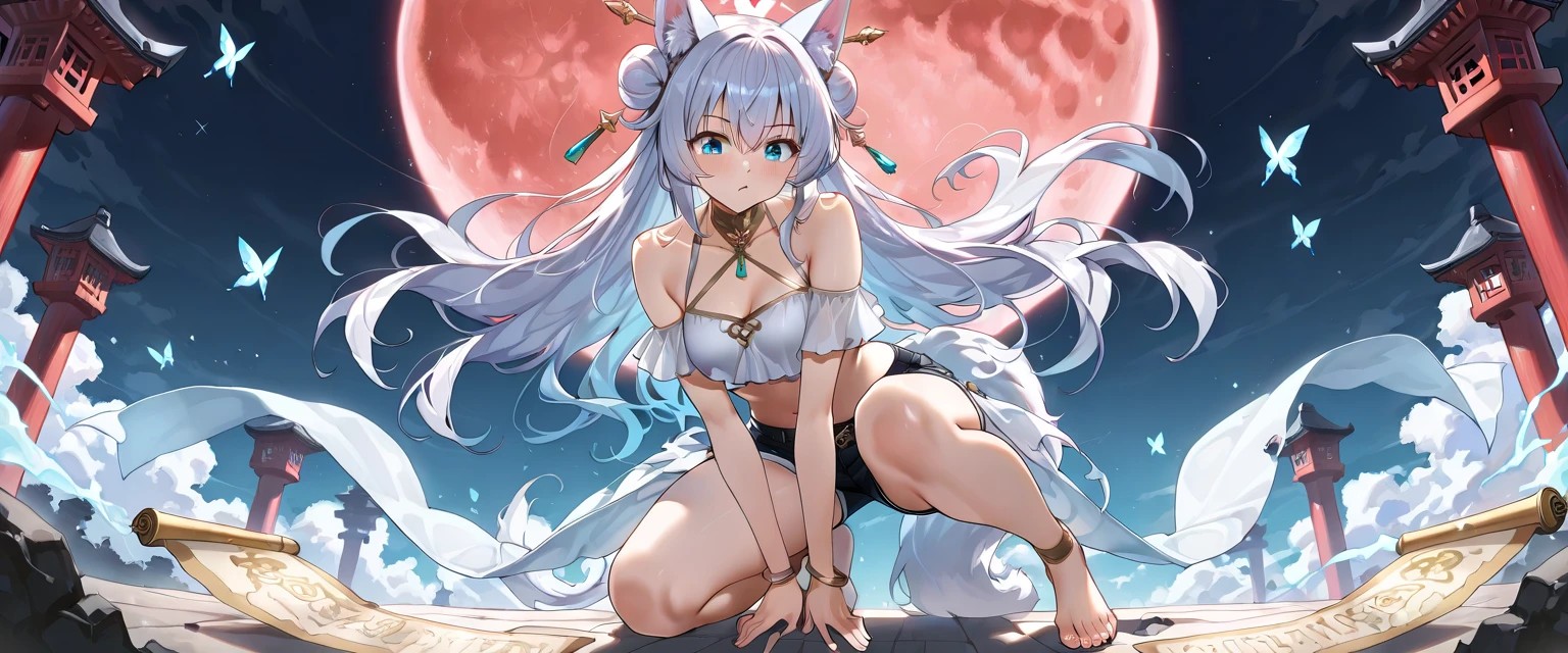 (Masterpiece), (Top Quality Anime Illustrations), (Ultra High Definition CG), One Girl, Solo, Beautiful Girl with Silver Hair, Anime Loli, Cat Ears Loli, Petite, Thigh Emphasis, Light Blue and Gold and Silver Cheongsam, Side Breasts, Side, Smile, Bare Skin Buttocks, Buttocks Up, Back Cutout, Bamboo Forest
