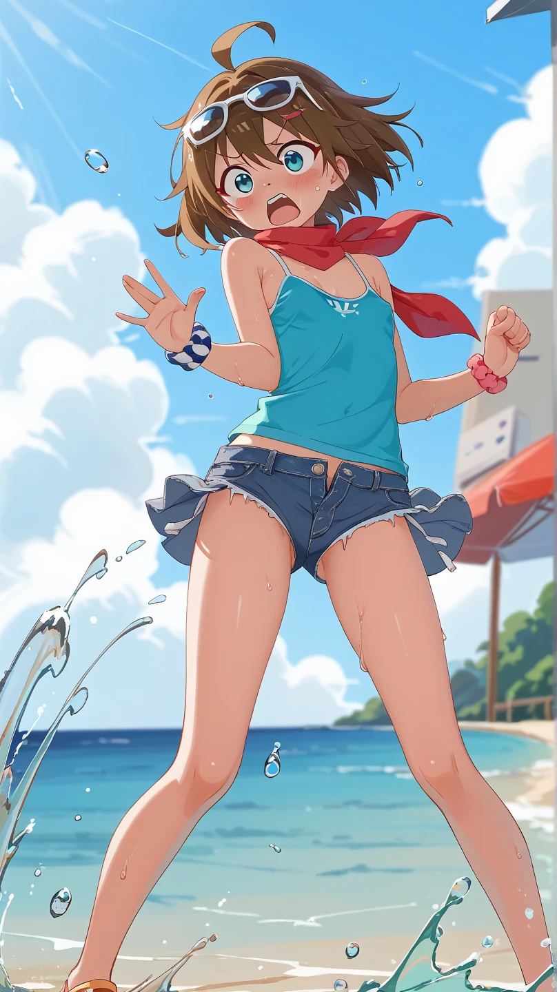 (best quality, masterpiece), 1girl, paw pose, smile, laughing, ocean, crop top, shorts, blonde, freckles, blush, looking at viewer, wavy hair, cloud, splashing, waves, sun, mountain, wet, 1girl in, ((masutepiece)),((Best Quality)),Ultra-detailed,illustratio,,Beautiful body,Beautiful nose,Beautiful character design,Perfect eyes,Perfect face,Wallpaper,超A high resolution, 4K,Photography,((Beautiful, big breat)),(Beautiful face:1.2),Beautiful legs, Shiny skin,anime screen cap,official style, 1girl in, Solo, Sunnyday,Daytime, Looking at Viewer, POV, Detailed eyes, Complex hairstyl, wide eyed, Crazy smile, POV cowgirl, Sweat, flying sweatdrops, I'm looking at you, pov, in a living room, natural , , mature woman, , exposing herself,  posture, (touching her ), ((pressing her )), (opening her  with her fingers), , full body., (), ((detailed )), 