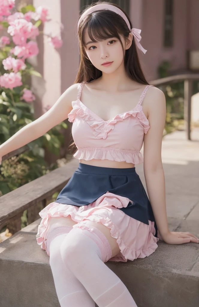 4K beauty,Pink short shirt(Navel),Mini plaid skirt(2cm),White garter stockings,Butterfly decoration on chest,Maid headdress,Big breasts,