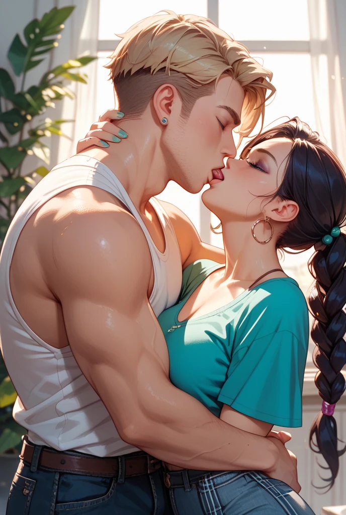 Amazing portrait of a sexy woman with her messy bun hair tied in a black hairband wearing alluring earrings and black v-neck t-shirt kissing and making out passionately with a shirtless boy on the bed in an intimate setting