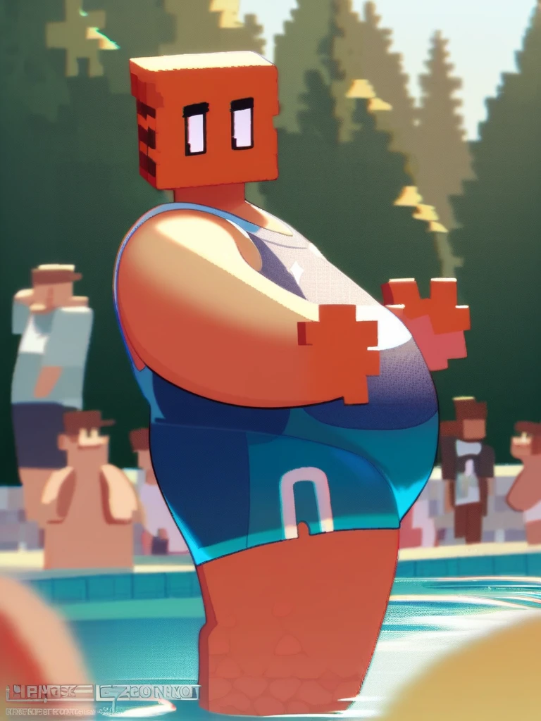 Roblox Noob,  chubby ,  Swimsuit , with a big belly to reveal clothes, cute, Swim in the water park, There are many people, side view, awkward, face red