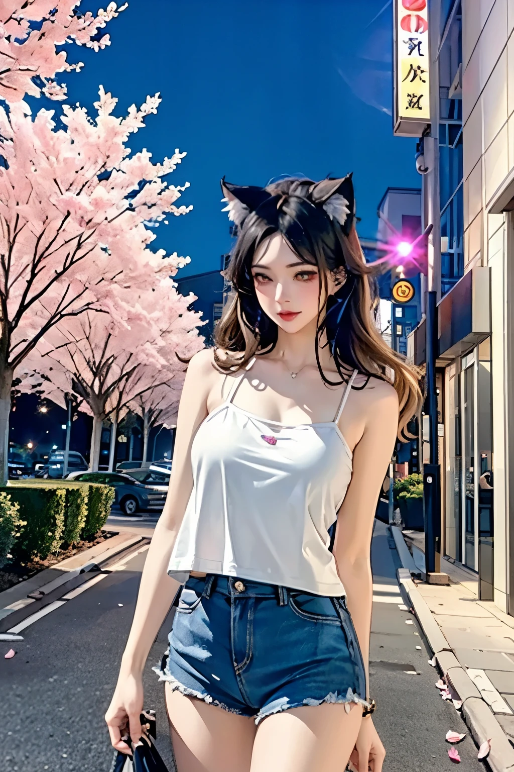 Beautiful cat woman, cat ear, street at night with lights, hot pants, fragrant pink flowers, passers-by, gradation of night scene, fine details, subtle tones, tranquility floating on the screen, white camisole.