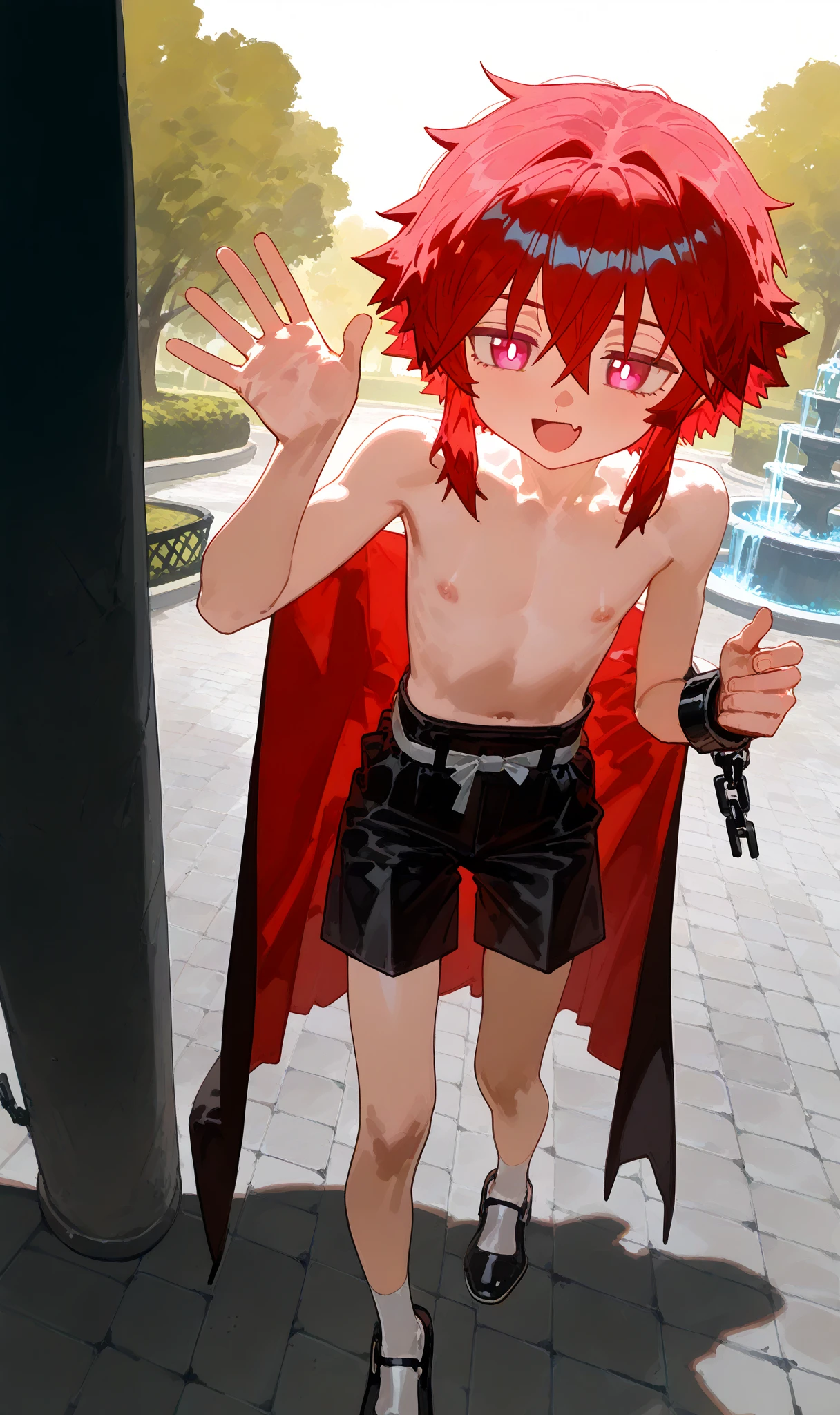 anime boy with bright pink hair, red - cheeks!!, zerochan, zerochan art, short hair, by Kamisaka Sekka, messy spiked red hair, by Puru, by Shingei,  a single braid hanging on the left side of his face.