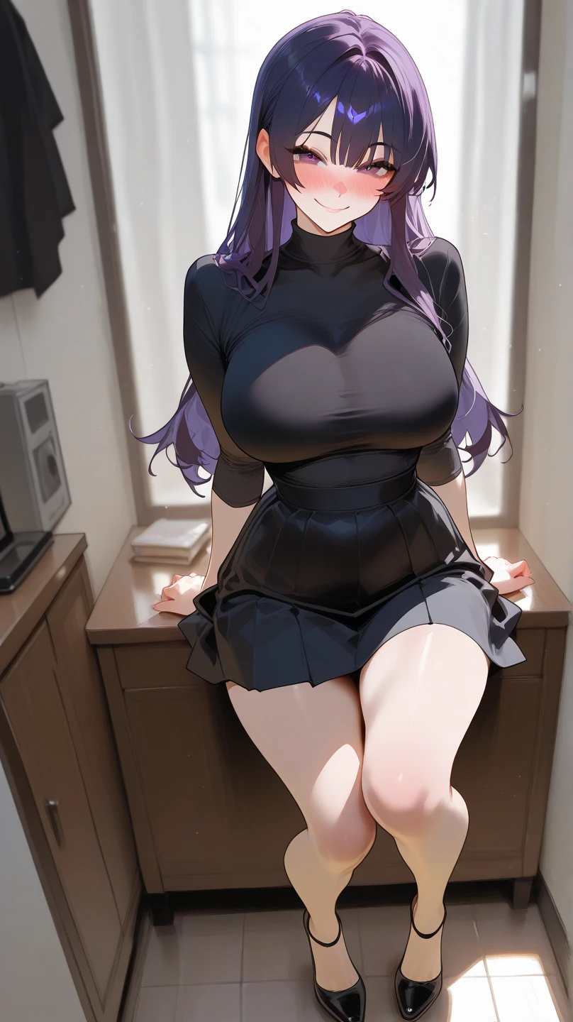 anime big breast，the girl with black hair，Purple eye，slightly red face，wear a swimsuiti，White over-the-knee stockings，No shoes on，Sitting on a brown sofa in the library，