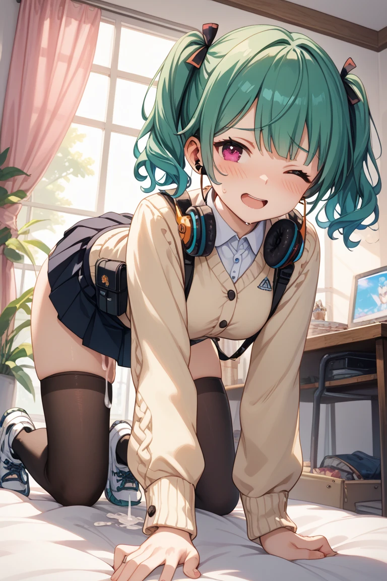 (8k, best quality, masterpiece: 1, 2), (realistic, realistic: 1, 37), top quality, masterpiece, no inner inside, glasses, green hair, large ponytail, heterochromic pupil, blue pupil of left eye, red pupil of right eye, angel wings, head ring, white head flower, casual wear, black backpack strap, neck strap, bare foot, barefoot, single, foot ring, leg ring, flat chest, tomboy