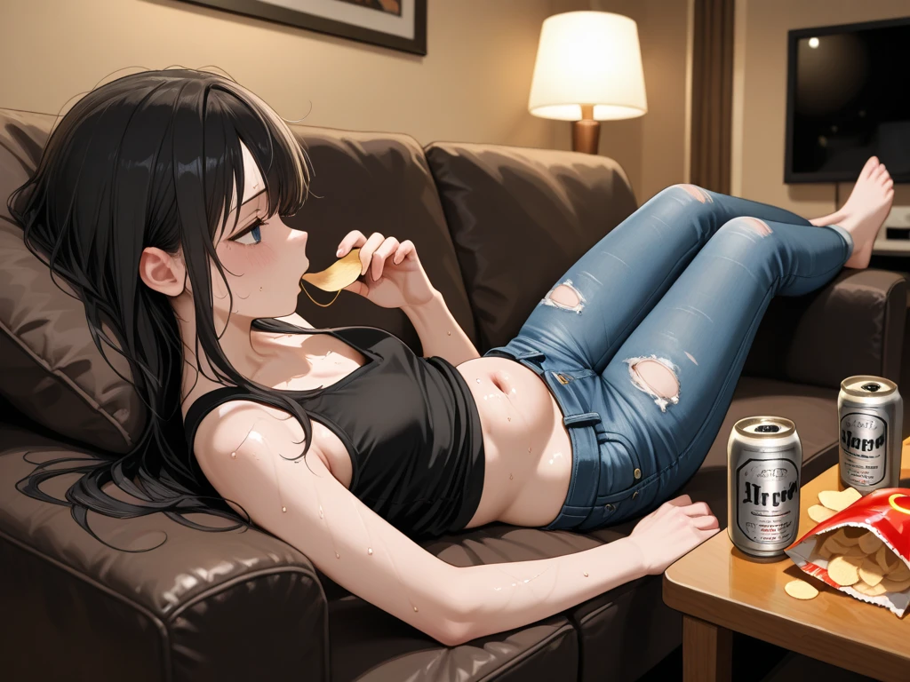 2D，highest quality，(masterpiece)，Shameimaru text，black hair，one person，small elf ears，healthy dark skin，black denim hot pants，Tank top，barefoot，barefoot，fascinating thighs，butt，Shared，bedroom，Get drunk with liquor，can of beer，upward glance，cheeks are bright red，Older sister sitting on the bed，put your hand on your thigh，Cute with bruises，