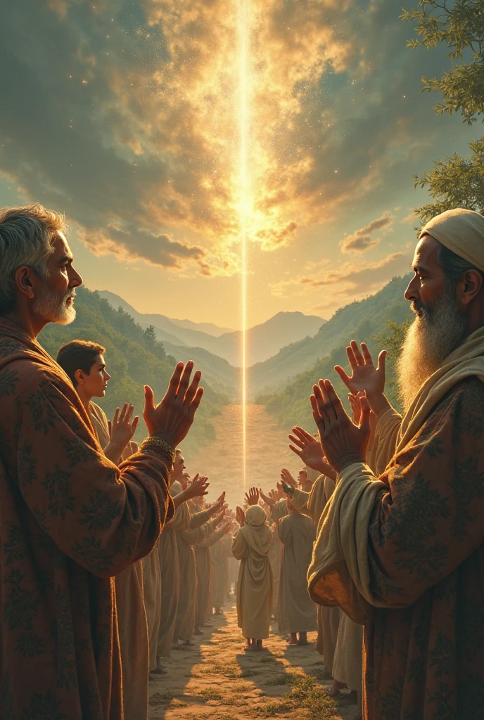 A bright, cartoon-style scene where the god of justice, Dharma, appears before Mandavya. Dharma is depicted as a tall, glowing figure with a kind, wise face, dressed in flowing white robes. He stands in front of Mandavya, who is still impaled but glowing with a soft light, showing his inner peace and strength. The sky is filled with rays of light, and the scene feels magical and divine. The background shows the forest beginning to brighten as if nature is responding to Dharma’s presence."