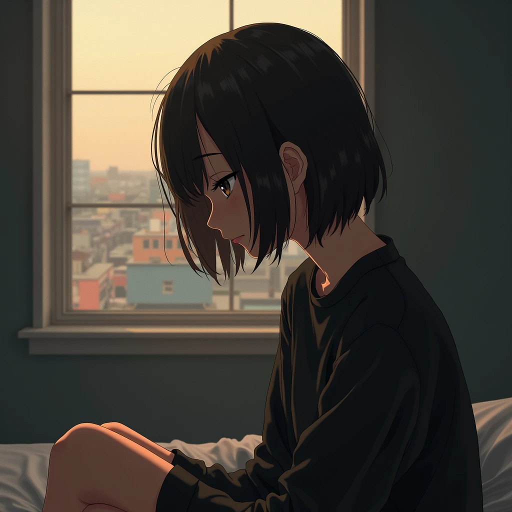 (1girl, Japanese, 4, short black hair, (crawling position:1.2), luxury city hotel room, warm lighting)