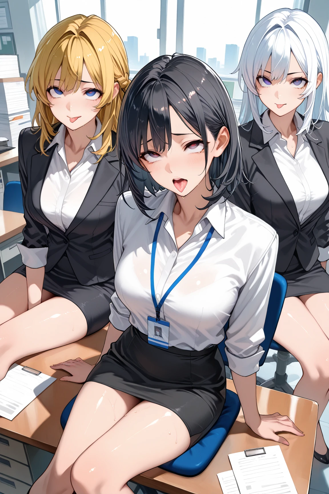 Short haircut、Blonde、tits、office lady、garter belt、Open your legs while crouching、Perfect body、Love juice overflows