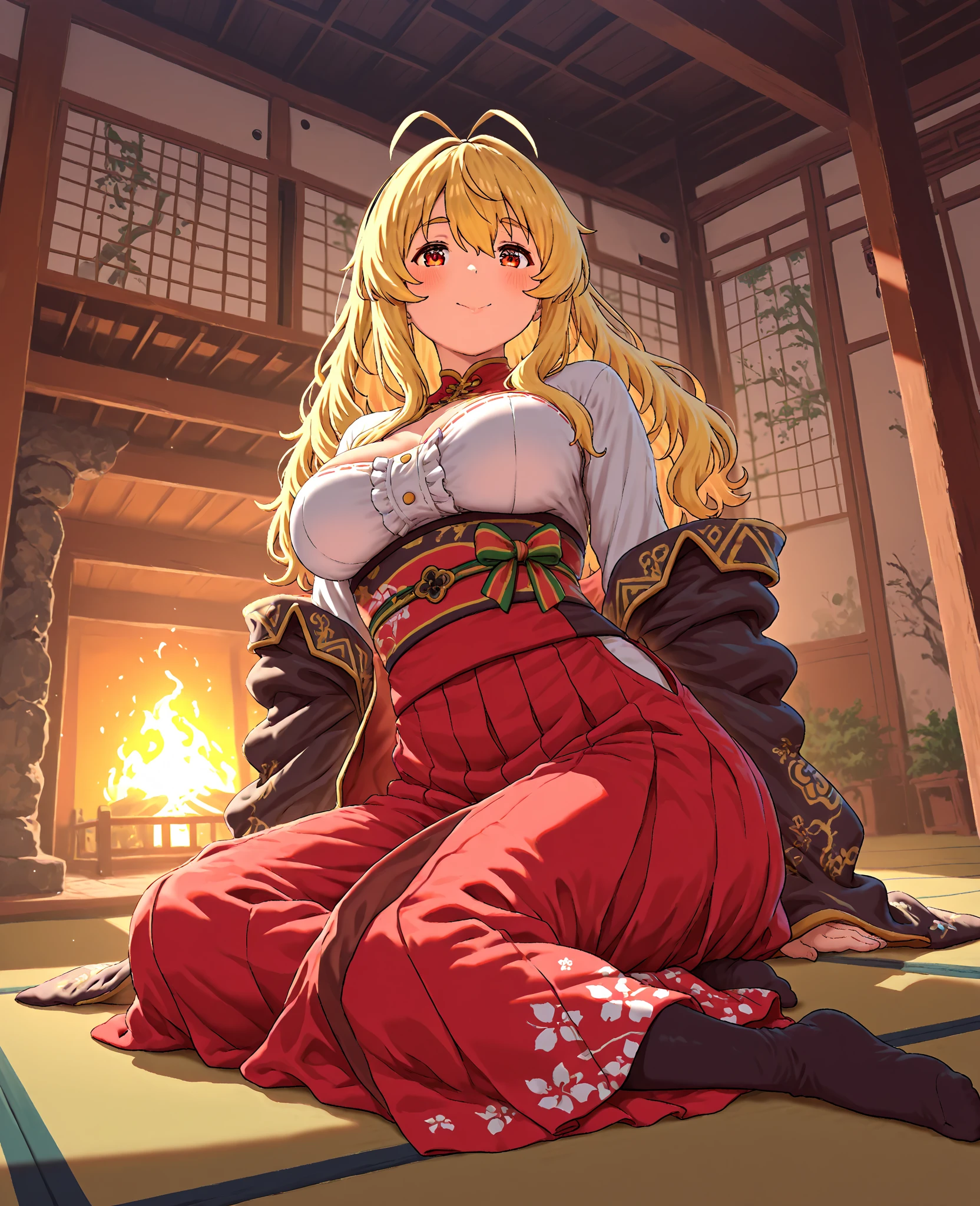 Blonde hair, golden eyes, dark Skinned beautiful, busty, woman wearing a Kimono. By herself