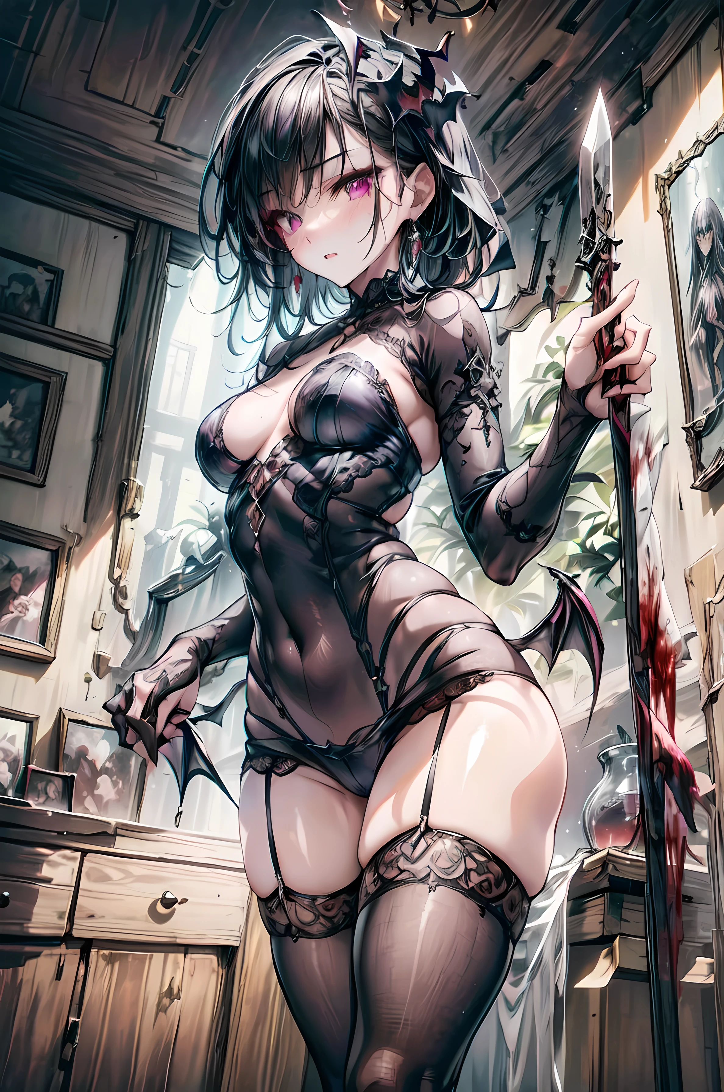 1Punk and goth girl, see-through lowleg panties, sexy,skulls and lit candles around and in the background, open legs, legs spread wide open