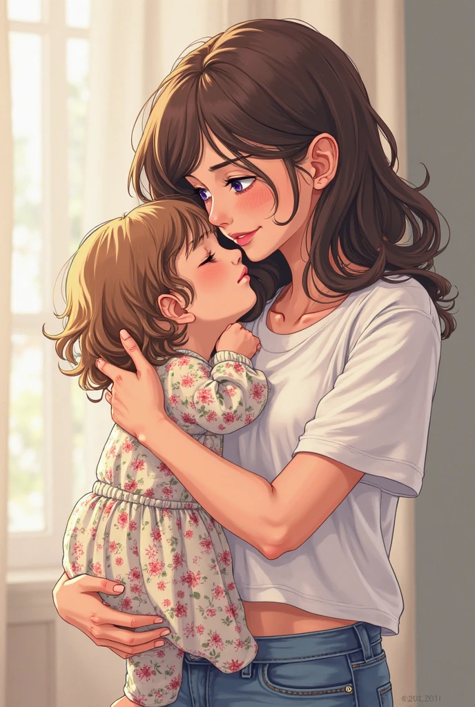 Adult woman anime style, teaching the baby to walk, in the baby's room very detailed , with cot, Breast changing table, laughter, blue colored eyes, cinta, big seoos, Linda, Formosa