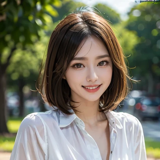 ((masterpiece)), ((Highest quality)), ((Complex)), ((Surreal)), (Realistic), (Mature Woman), ((There are no classes)), Very detailed, (1 female), Beautiful and exquisite, (Beautiful Teeth), Grin, Brunette Bob Hair, Brown eyes, ((blouse)), (Upper Body), (background:none), Perfect Eyes, Captivating eyes, Looking at the audience