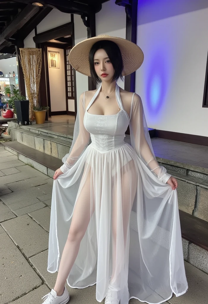 Asian girl sedutive face long hair big breast ,transparent lace dress