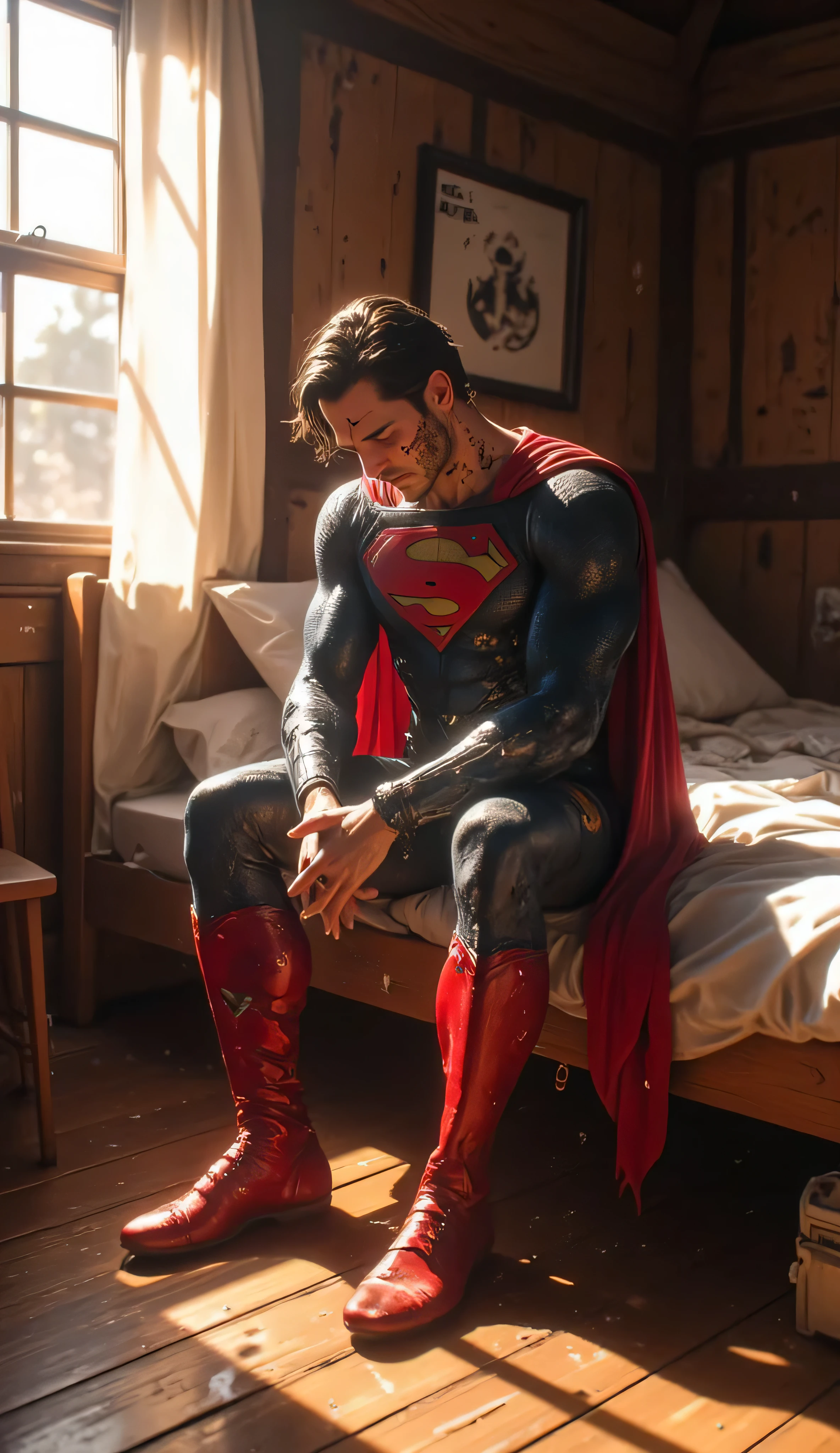 A hyper-realistic, ultra-detailed 8K cinematic scene. Superman is sitting on a modest wooden bed in a small countryside home. His iconic red-and-blue suit is slightly torn, smudged with dirt, and shows minor bruises and scrapes, evidence of a recent battle. His cape hangs loosely, partially touching the floor.

His posture is weary but upright — elbows on his knees, hands clasped loosely, eyes gazing downward in quiet contemplation. His face has a few cuts and light bruising, his hair is tousled, and his overall expression reflects exhaustion with resilience.

The room is warmly lit by natural light streaming in from a window beside the bed, casting soft shadows and a peaceful tone. The setting is rustic and humble — wooden floors, aged furniture, and a gentle breeze moving a curtain. The scene conveys the quiet aftermath of chaos, highlighting Superman's vulnerability and humanity in a moment of calm recovery.



