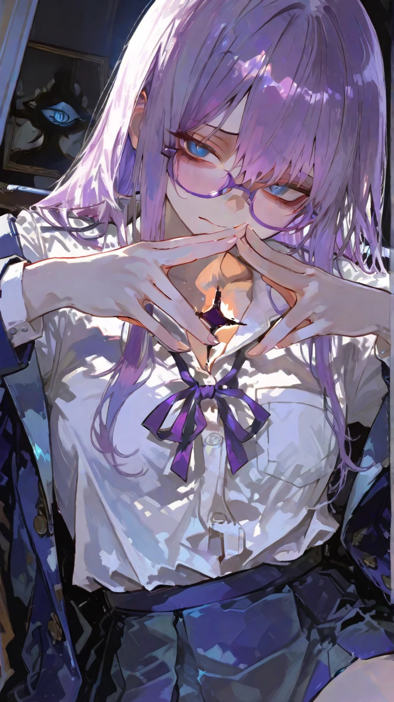 Highest quality, Soft Light, Ultra-high resolution,boy, alone, (Ecstatic face), (Purple eyes), Beautiful face in every detail,(High resolution detail of human skin texture), (White long hair), break,Dress shirt,tie,(Fellatio gestures:1.3), (Open your mouth:1.2),tongue,(Sweat:1.5),Sigh,Saliva dripping from the mouth,Spread your legs,My leg is being grabbed,Panties,Flat Chest,Swollen crotch