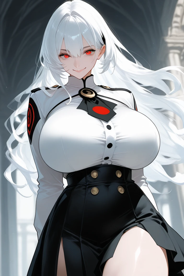 Medium breasts, she is beautiful, Busty ((beautiful and cute 19 year old woman)), (((((long, straight and flowing natural white hair))))), double eyelids, blue eyes, clear and detailed, hyper detailed, light effect on eyes, detailed iris, sensual body, perfect waist, (((black and red anime style school uniform, pleated pleated skirt, cleavage))), ((masterpiece, hyper realistic, hyper detailed, best quality, 16k, light and shadow on the skin, vivid colors)), eyeliner, sensual expression, perfect lips, innocent and sexy face, ((skin with light and shadow), beautifully seductive and embarrassed woman, pink lips, smile, passionate expression ((she is a beautiful milf)), looking at the viewer, school hallway, shy pose, leg slightly bent