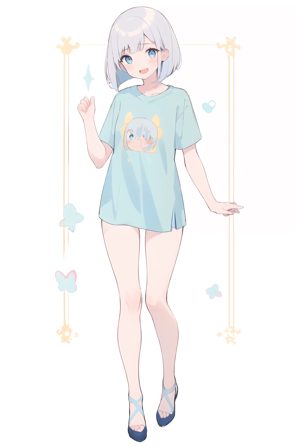 full body,1girl, solo,Bob Cut,beautiful silver hair,laugh,beautiful light blue eyes,t-shirt,完璧な手