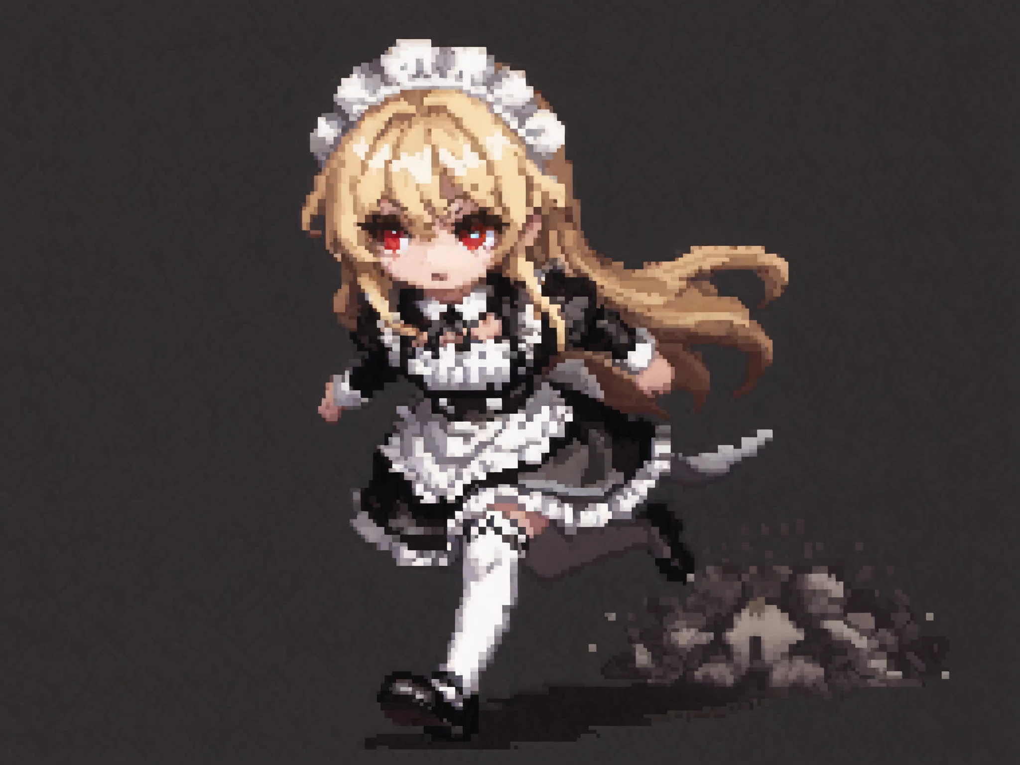 Pixel art sprite sheet, full body, pixel art, wavy long blonde hair maid, wearing white stocking, red eyes, blonde eyelashes, maid uniform, sprite sheet, pixel art sprite full body, sheet front view, running , animation sheet, solid light gray background