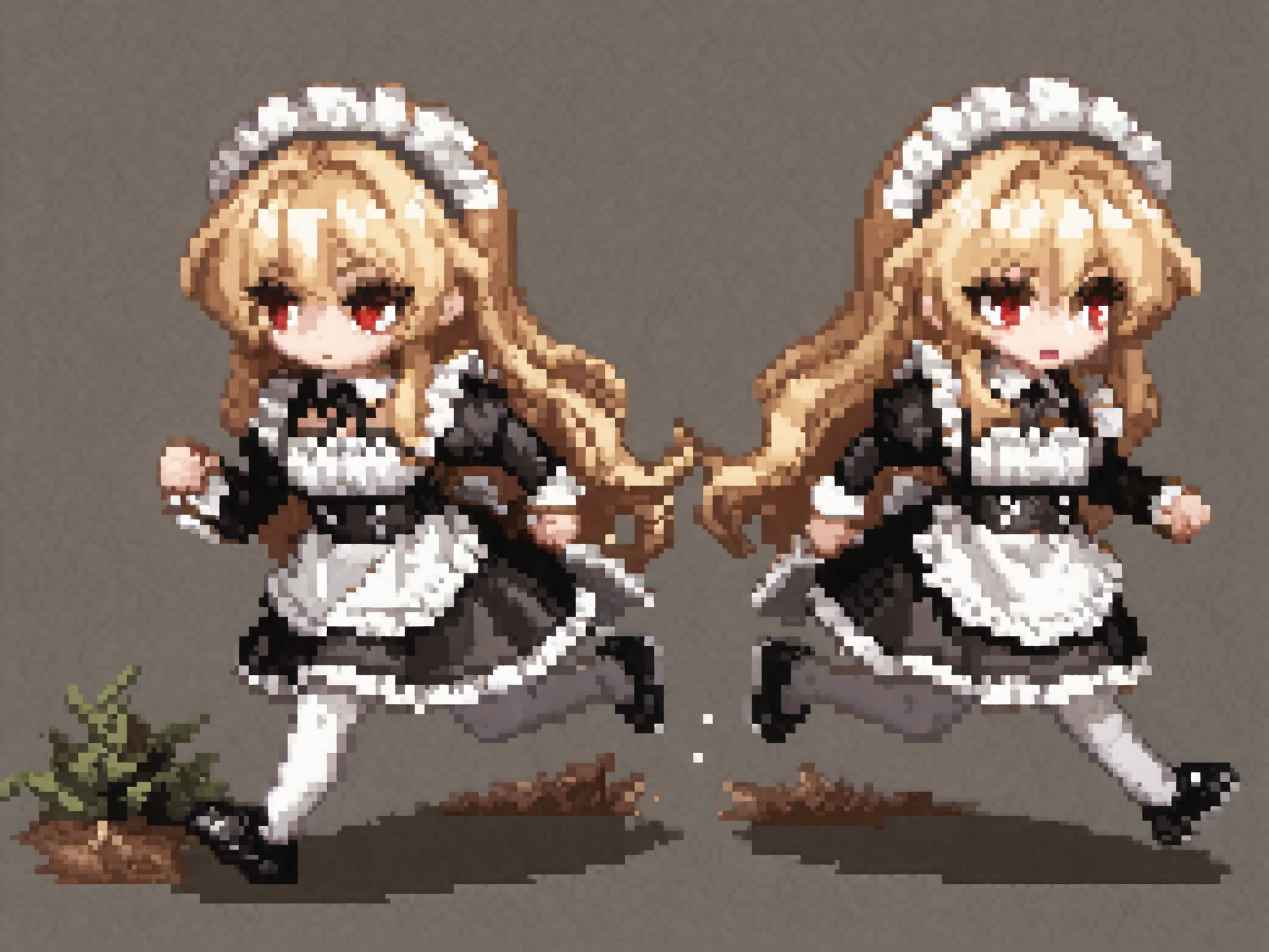 Pixel art sprite sheet, full body, pixel art, wavy long blonde hair maid, wearing white stocking, red eyes, blonde eyelashes, maid uniform, sprite sheet, pixel art sprite full body, sheet front view, running , animation sheet, solid light gray background