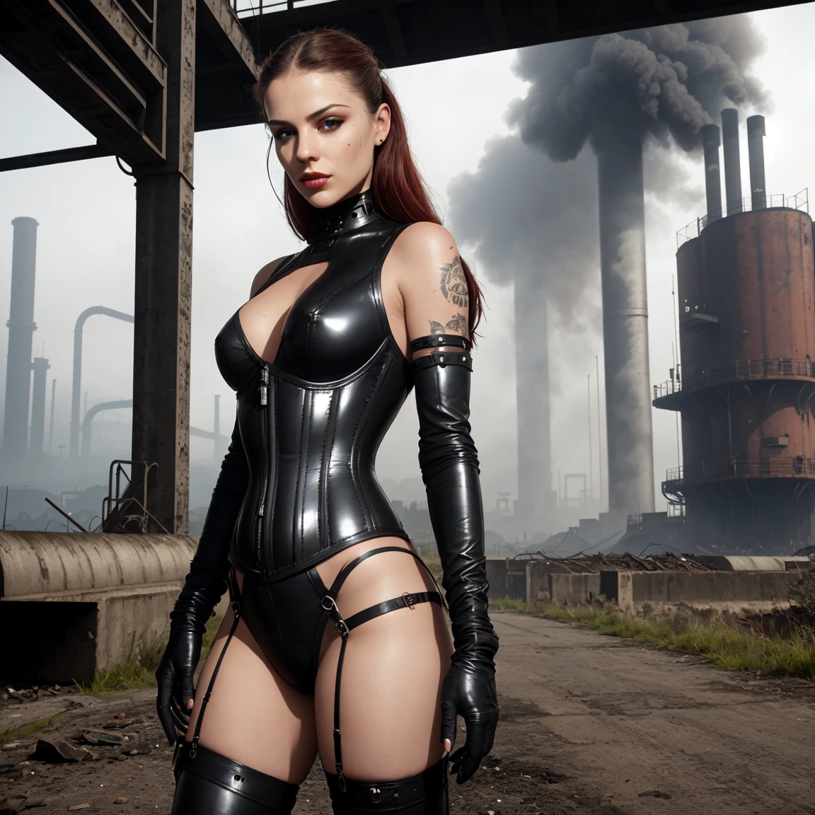 Very thin. Naked sexy model. in bdsm style. Shiny steel bracelets on top of black gloves. and Shiny steel bracelet necklaces are on her wrists. She wears a leather harness over her head and face. Leather garters on his feet.. Red, thick smoke in the background.