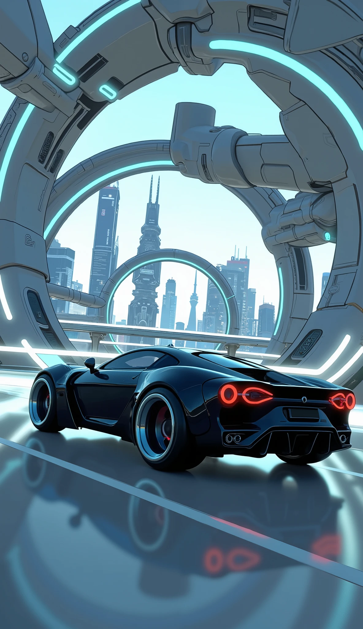 Highest Quality、8k、masterpiece、photorealistic, sharp concentration in nude clothes, high definition, 未来都市を駆け抜けるTron Rittner、Tron Rittner、Ultra-high speed、Skyscrapers in Future Cities、Future Sports Cars Running Through Transparent Tubes、rationalization、black car body、Red light、Tail Light Trajectory