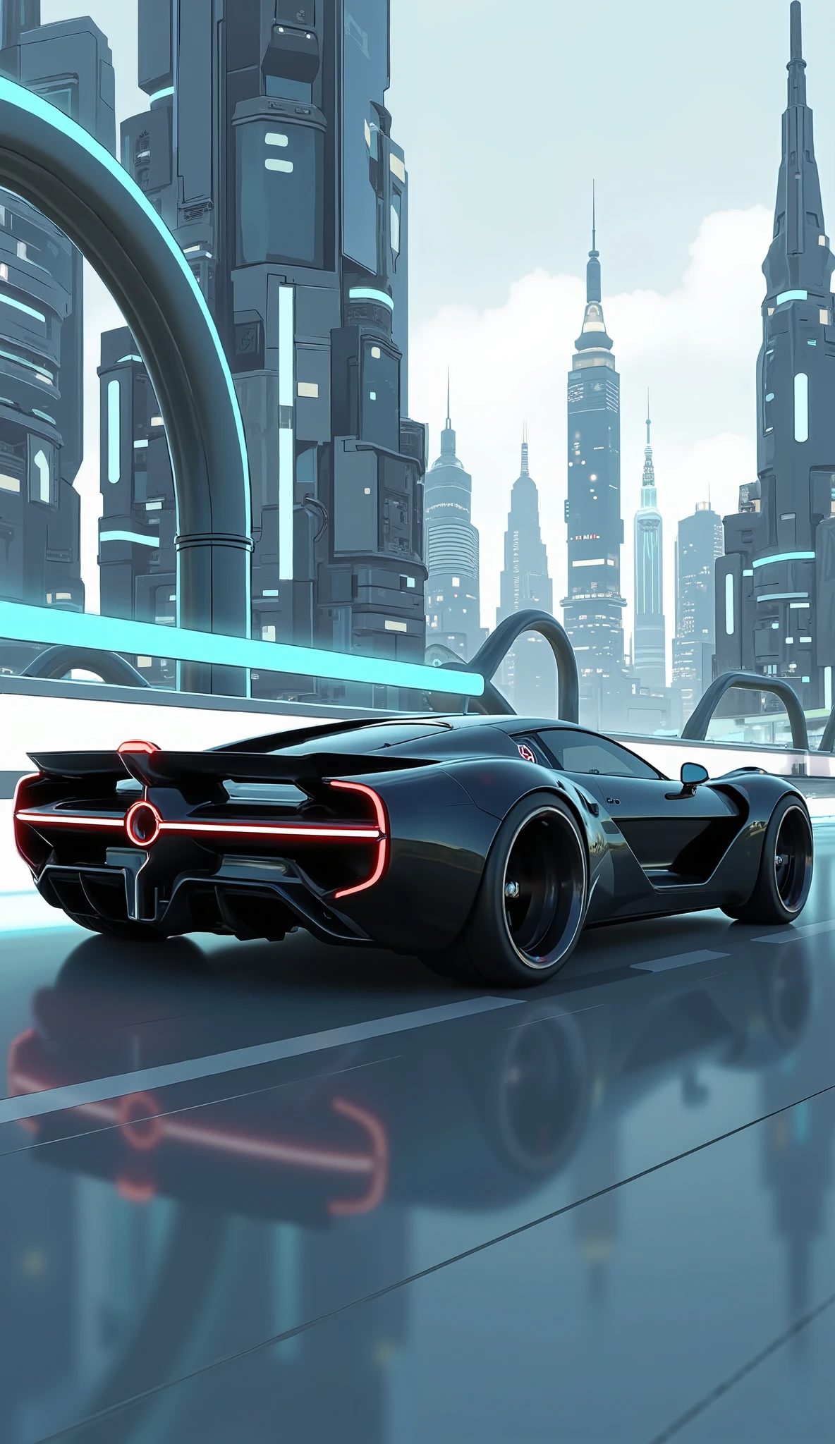 Highest Quality、8k、masterpiece、photorealistic, sharp concentration in nude clothes, high definition, 未来都市を駆け抜けるTron Rittner、Tron Rittner、Ultra-high speed、Skyscrapers in Future Cities、Future Sports Cars Running Through Transparent Tubes、rationalization、black car body、Red light、Tail Light Trajectory