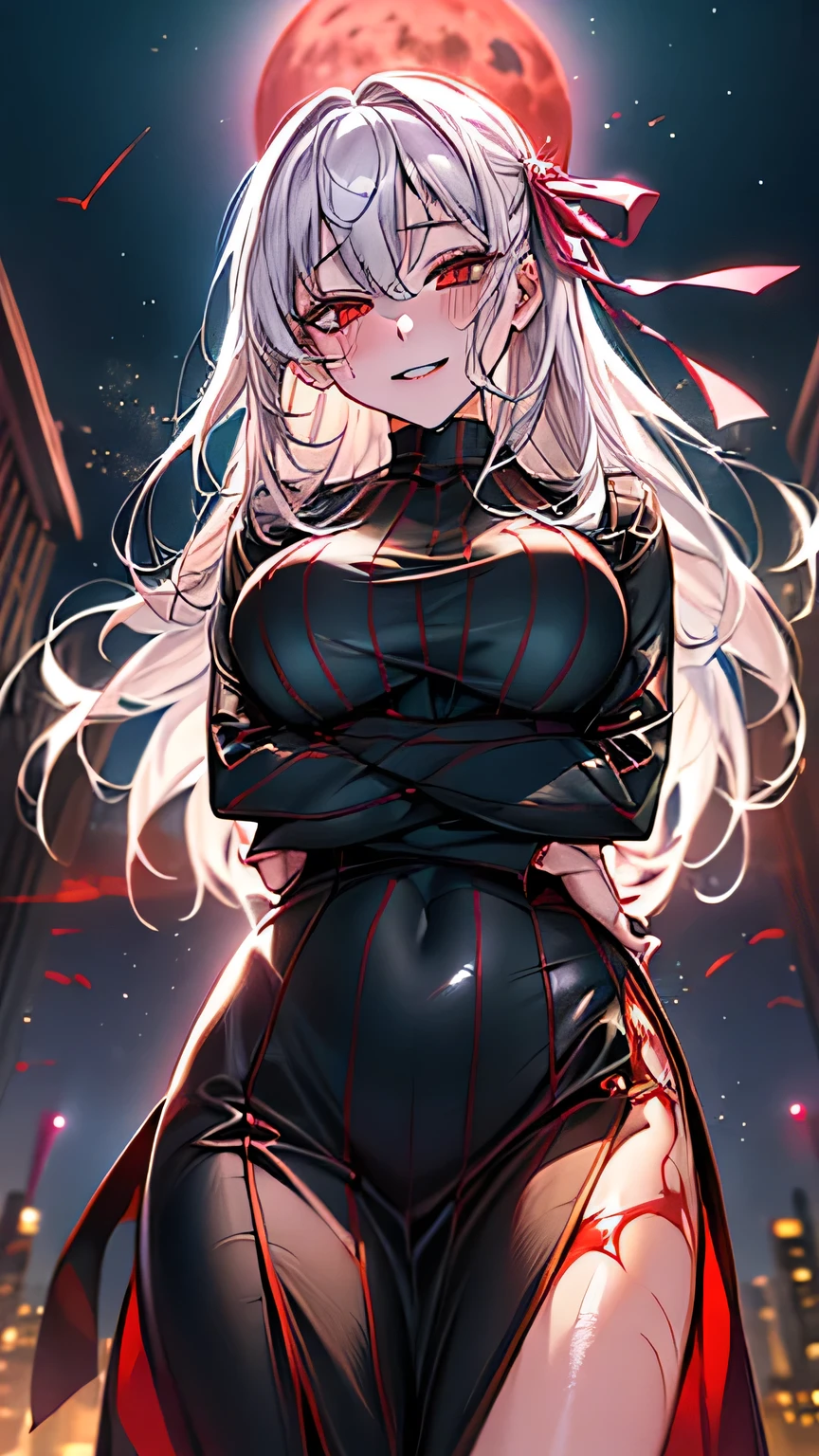 (cowboy shot), (The view is from very close below:1.5), looking down, looking at viewer, (head tilt), arms behind back,
evil grin, evil smile, (half closed eyes), blush, drunken eyes,
(最高品質)), ((傑作)),(詳細),高解像度,鋭い焦点,(非常に詳細 CG unity 8k wallpaper),(((鮮やかな色彩))),(complete anatomy),
(((very shiny skin, plastic glitter skin, exaggerated shiny skin, illuminated skin))), betterhand, (5本の指),
1girl, dark sakura, white hair, long hair, red eyes, facial mark, hair ribbon, pink ribbon,(巨大な胸), (巨大なヒップ),
bewitching pose, heavy breathing, fog, (glistening skin:1.2),
corruption, striped dress, black dress, turtleneck,
long dress,
City buildings, night, glowing aura, (red moon), stars, red shiny edges, emits aura, glows, fine light particles, moon reflected on water surface,