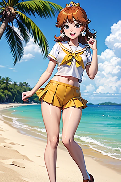 (masterpiece, best quality:1.2), <lyco:princessconnect_misato-10:1.0>, cowboy shot, solo, 1girl, pcmisato, smile, closed mouth, looking at viewer, red hair, single braid, blue headwear, visor cap, open clothes, green shirt, two-tone bikini, layered bikini, white shorts, whistle around neck, wristband