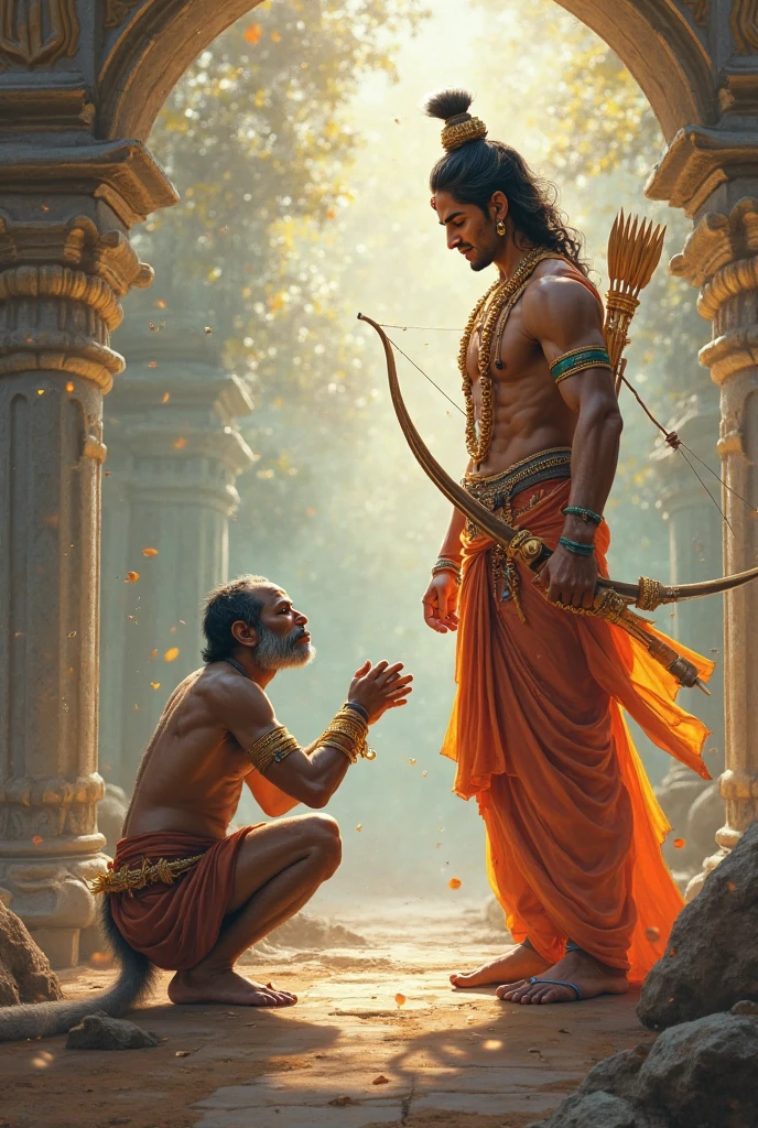 depicting a scene from the Ramayana. The scene should feature Lord Rama, the central figure, standing majestically with a bow and arrow. Beside him, include his loyal devotee Hanuman, shown in a dynamic pose, ready for action. In the background, portray a lush forest setting, indicative of the Dandaka forest where much of the epic’s action takes place.