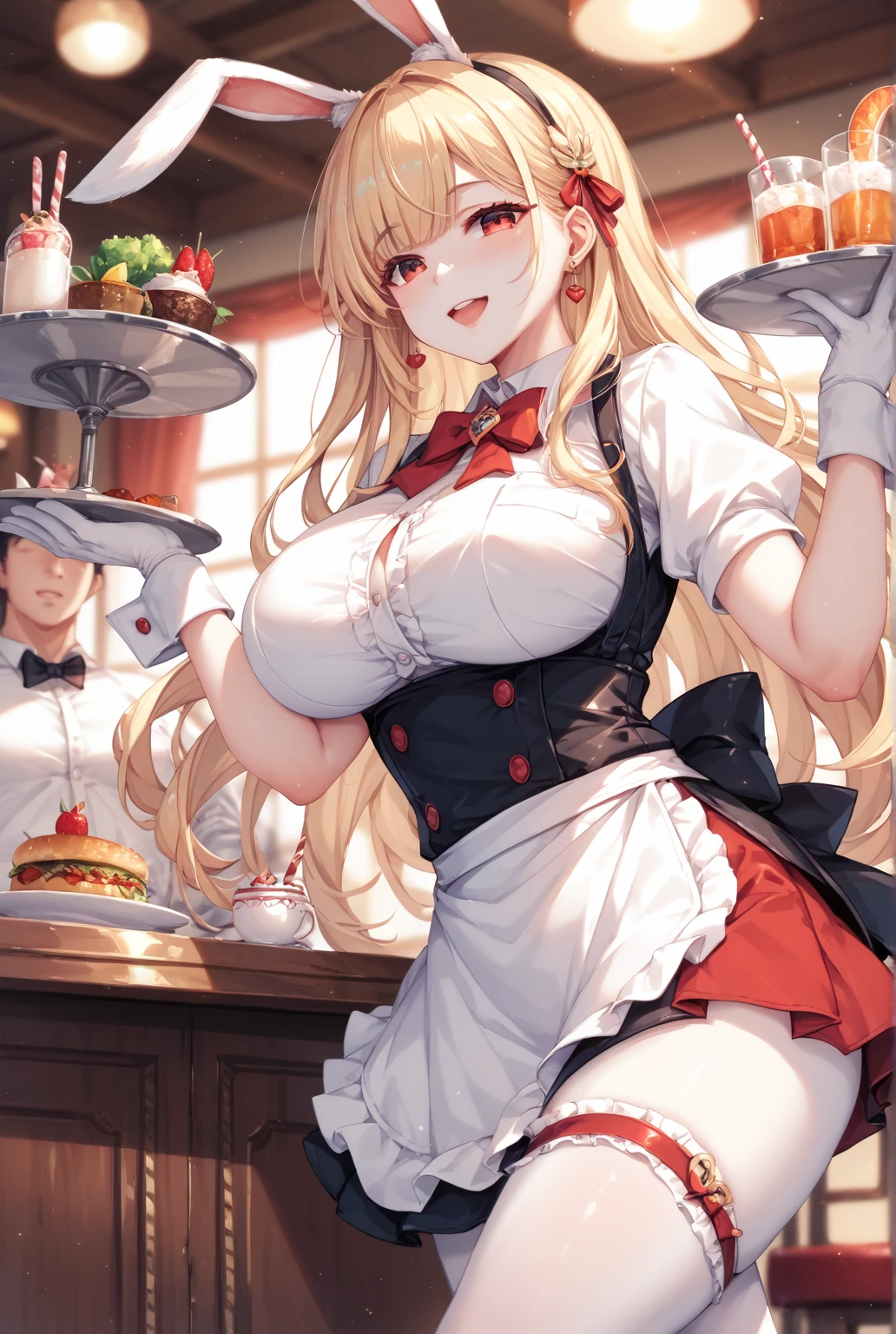((Princess connect !)),((pecorine)),1girl, pantyhose, animal ears, solo, playboy bunny, rabbit ears, gloves, breasts, tray, detached collar, leotard, tail, smile, white gloves, rabbit tail, black leotard, cleavage, drinking glass, strapless leotard, strapless, medium breasts, brown pantyhose, fake animal ears, cup, wrist cuffs, looking at viewer, bare shoulders, holding, cowboy shot, highleg leotard, highleg, drink, side-tie leotard, An animated animated image of a girl with long blonde hair and brown eyes. She is wearing a black bra with a pink bow around her neck and white gloves on her hands. The girl is holding a silver plate in her right hand. The plate has a red liquid in it., red bow, red bowtie, standing, tile floor, tiles, highly detailed, masterpiece, best quality, very aesthetic, absurdres,