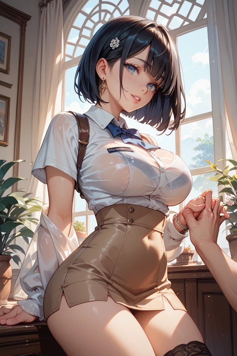 highest quality, Flying debris、Beautiful woman、Office Lady、Black Hair、(Brown eyes、Big Breasts、Blunt bangs)、short hair、Dark blue checked office suit)、new employee,Full Body Shot、Female office lady、BREAK(Dark blue checked vest、White dress shirt、Navy blue long tight pencil skirt:1.2)、(Black Knee High、High heels)、BREAK(office:1.3)、Cleavage、Shirt buttons fly off、garter belt,Exposing the breasts、Bare your breasts、pussy big dildo