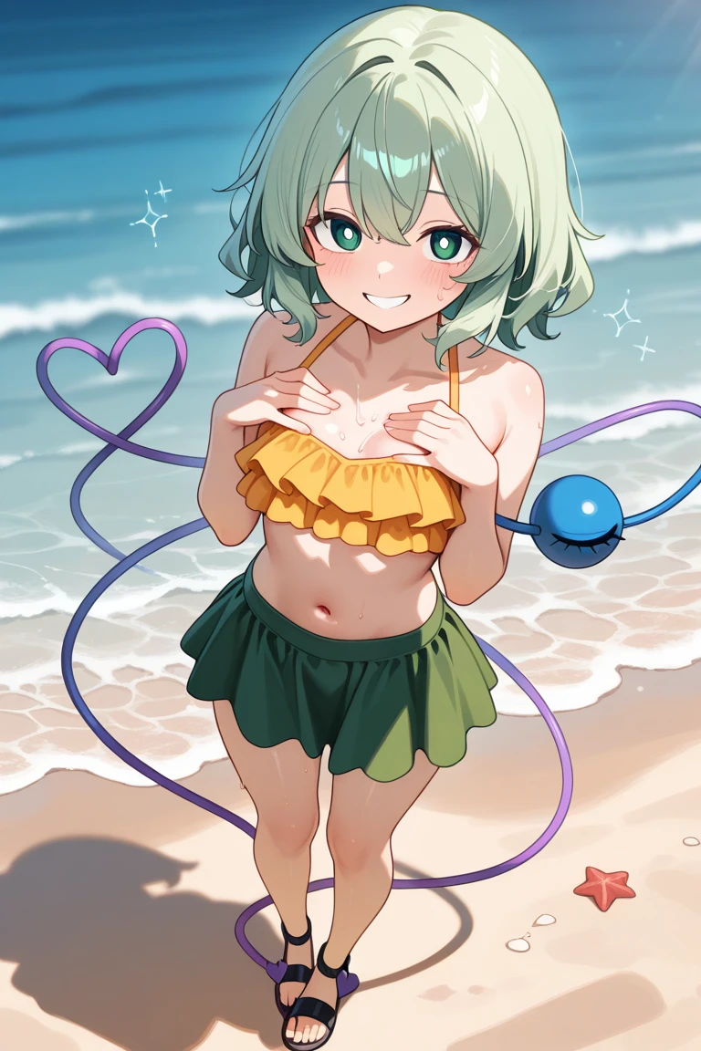 (,young girl ,short stature,gyaru)) ,flat chest,nsfw,plump,((hip hang miclo bikini)),,beach,四つん這い,big head,evil smiling,back angle shot