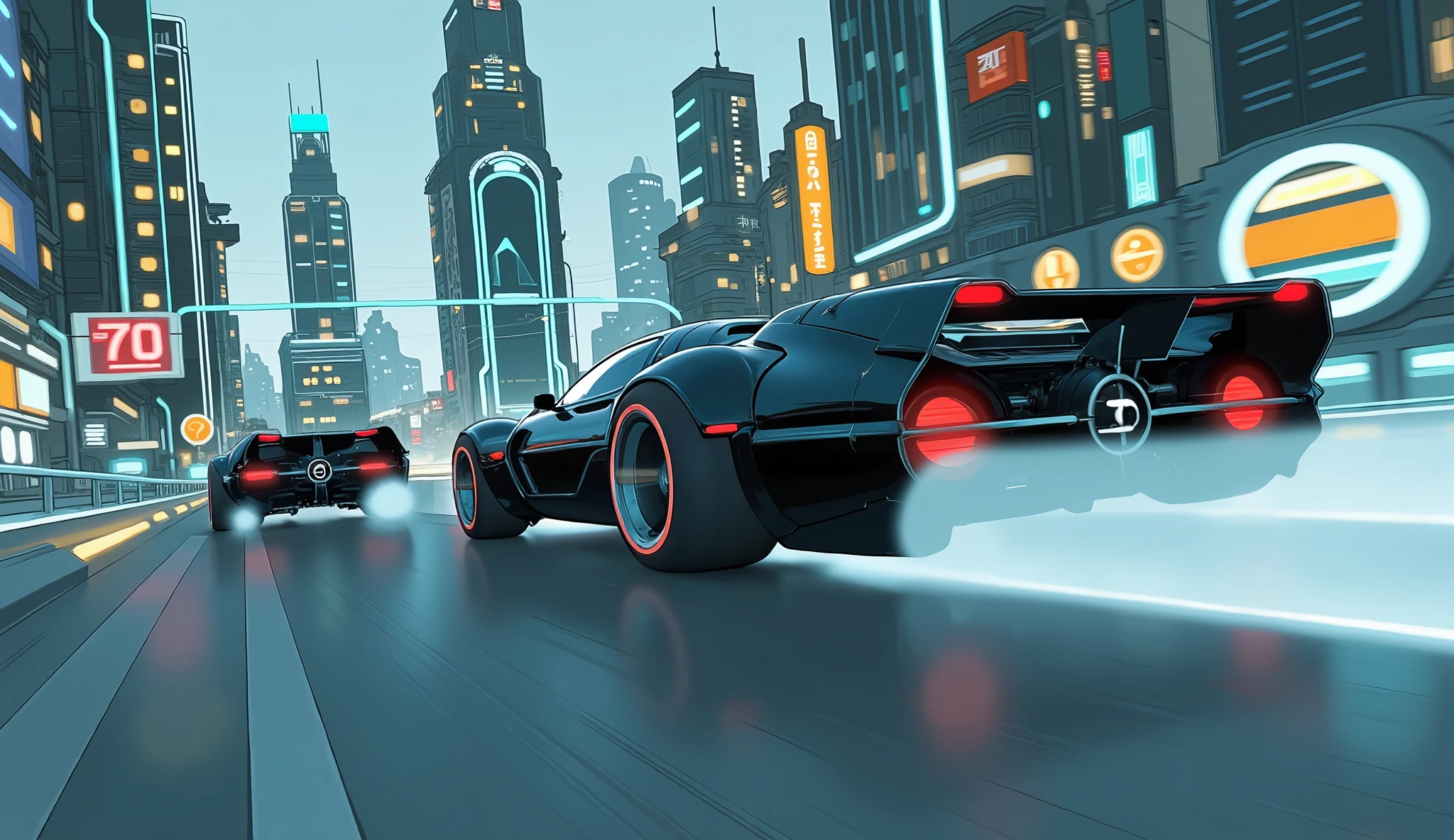 from above 、Highest Quality、8k、masterpiece、photorealistic, sharp concentration in nude clothes, high definition, Batmobile and Akira's motorbike running through a futuristic city、Ultra-high speed、Skyscrapers in Future Cities、Running through transparent tubes、rationalization、black car body、Red light、Tail Light Trajectory