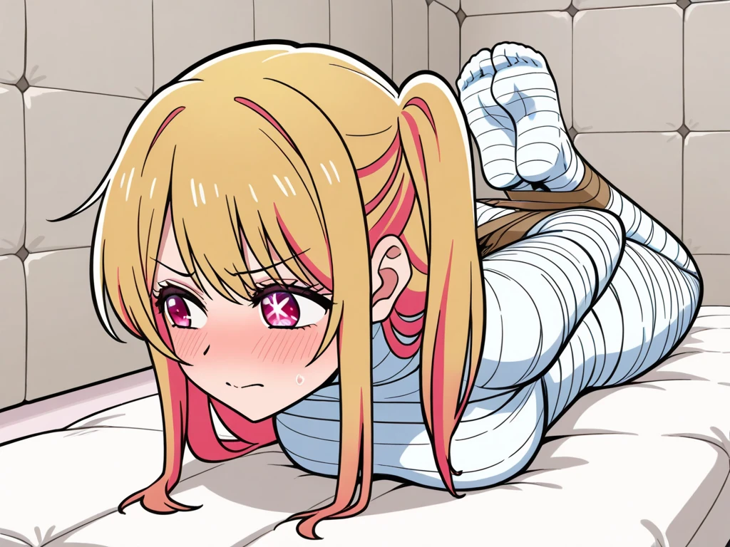 Shiny blond hair, very long hair, sophisticated haircut, ((((hair fully braided)))), ((small twisted braids)), thin and oval face, submissive, (((gagged))), cute and blushing 18 years old anime girl, look away because she is embarrassed and blushes, bright blue eyes, detailed face, detailed members, detailed arms, detailed hands, ((((sparkling diamond jewelry)))), tiara, ((makeup)), high heels, puffy sleeves, long gloves, long eyelashes, Girl lying, tied by ropes, shackled, can no longer move, tied tightly, very hard tied up with lots of ropes, hampered by so many ropes that she can no longer move, bound hands and feet, ropes tie his whole body, tied extremely tightly and forcefully to her bed by a lot of ropes, its limbs are strongly tied together by ropes, his torso is tied up with thick cords, her chest is so tied up with ropes that it sticks out, her legs are tied tightly with thick ropes, his hands are tied behind his back with ropes, she can no longer move her feet, her hands which are tied by thick ropes, she desperately tries to free herself, likes to be tied tight with big ropes, likes to be immobilized by big ropes, lying down, his hands and feet are strongly tied to the railing of his bed, his legs are pressed together and tied with ropes, its limbs are held vigorously by imposing ropes, her hands are tied securely behind her back by ropes, her chest is compressed by strong ropes, she is pressed against her bed and restrained by large ropes (shibari, arms behind the back:1.4), (hands on the back), (masterpiece, best quality) 1.5, 1girl, solo, (sexy, beautiful woman, perfect face, perfect eyes, perfect hands), samus aran, (shibari, arms behind the back:1.4), (hands on the back), Spread the legs, s' ((lie in bed by big ropes)), ((close up of the girl)), ((((lie in bed))))