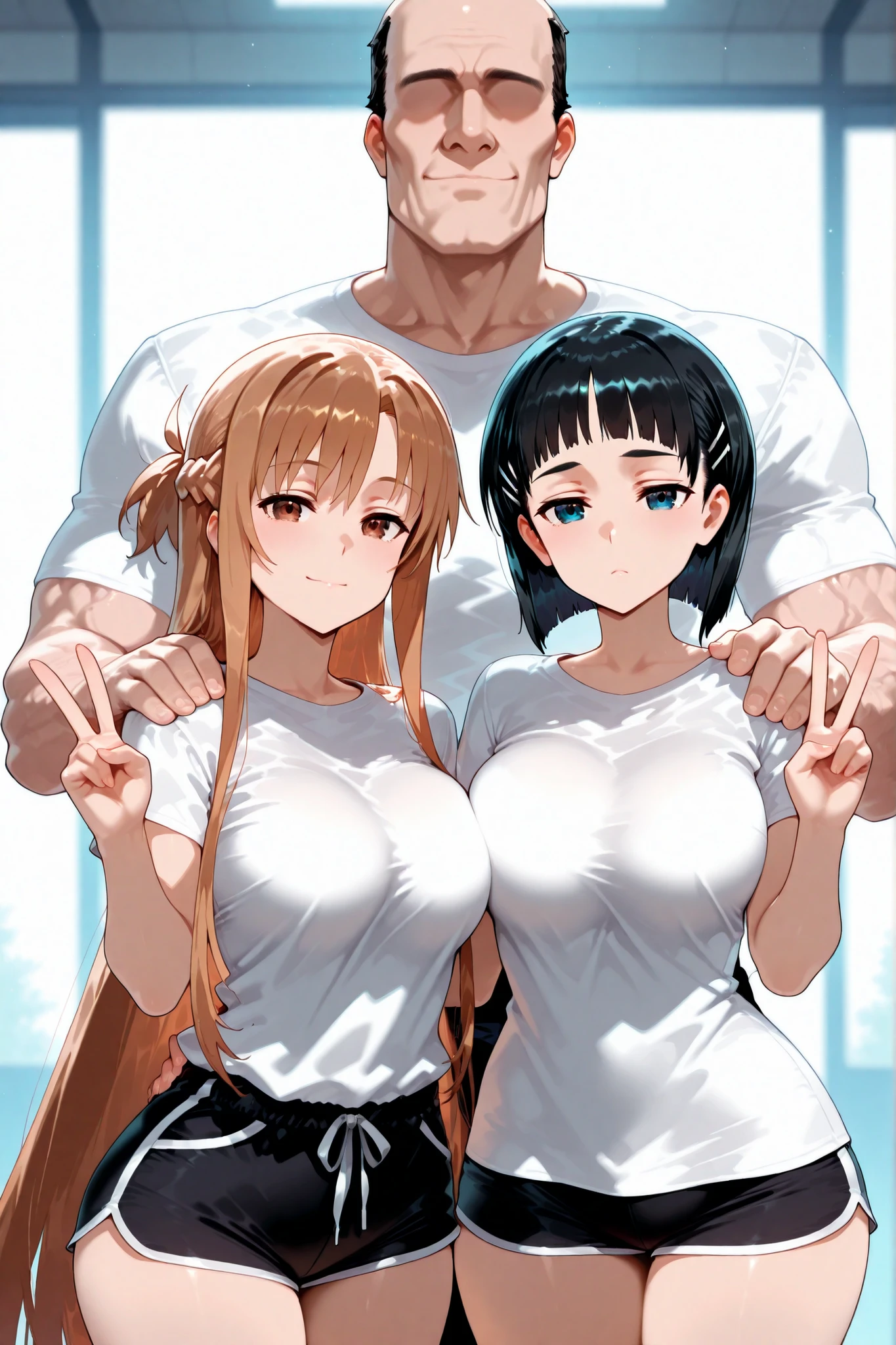 masterpiece, newest, 2girl,absurdres,girl sandwich,1boy, Tall man no hair no eyes muscle,hand on another's shoulder, BREAK
Kirigaya Suguha, white shirt,blue eyes,no pant, large breasts,no pants, V, BREAK
Asuna (SAO), black gym t-shirts, white shirt,short pants, very long hair,long hair, brown eyes, medium breasts,