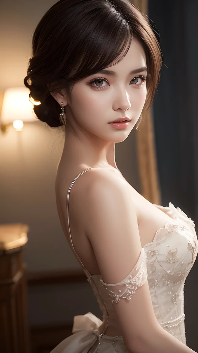 8k, Ultra-high resolution, 最high quality, masterpiece, Surreal, photograph, 1 girl, (16 years old:1.3), pretty girl, Cute Face, Beautiful eyes in every detail, 細かくdetailedに,masterpiece,, One Girl:1.2, Japan Female Announcer, One beautiful girl, 非常に美しいdetailedな顔, (Open your mouth a little, Sexy Looks:1.1), (Beautiful small breasts:1.3), (Slender body:1.2), (Lace wedding dress with chest wide open shoulders:1.5), mini skirt,(Exposed breasts:1.5), pubic hair, キャメルトゥのdetailed, (Beautiful Face:1.2), accessories, Earrings, Conceptual Art, high quality, Realistic, 非常にdetailedな CG 統合 8k 壁紙, 非常にdetailedな, 高解像度の生のカラーphotograph, プロのphotograph撮影, Realistic portrait, Cinematic Light, Beautiful details, Attention to detail, (((Bokeh))), Depth of written boundary, illumination, Super stylish lighting,Bob Cut Hair,Bold Pose,Looking at the audience、beauty,Long neck、Laugh a little、Please close your mouth and laugh、(((Ideal body type))),A cup small breasts :2,、Portraiture:2、Perfect Anatomy、鮮明なdetailed、detailed、Surreal、Light and shadow,Strong light,Fashion magazine cover,Thin lips