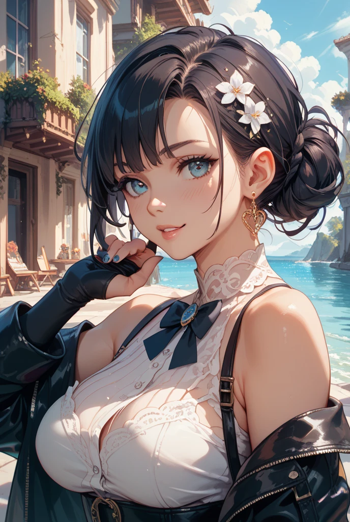cartoon、Black and White、2 coloronochrome、Manga illustration、 Line art、Super High Resolution Super Quality、anime、Zoom in Enlarge  、smile、Fantasy、Magic Thunder、Bathing Bikini Mage、High quality texture of black clothes, hazy and fantastic light, realistic texture, frills, lace material, luxurious adventurer clothes, sparkling jewels, silver decoration, platinum Beautiful Girl has a Nice Body, highlights in eyes, upper body, snap, blue sky, distant mountain range, rock surface and grassland, bob hair, flower shape into eyes, close-up, zoom up bottom less