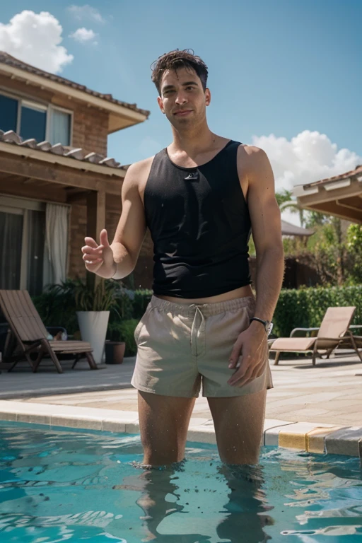 Italian gay thin man in yellow Speedos walks along the swiiming pool