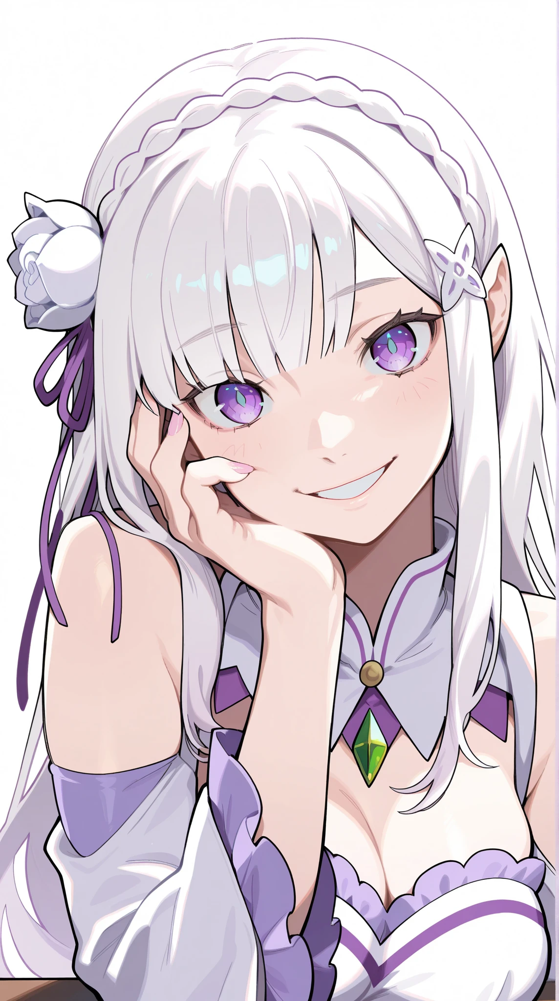 masterpiece, best quality, amazing quality, newest, very aesthetic, 1girl,Emilia \(Re:Zero\),looking at the viewer,wide smile,white hair,violet eyes
