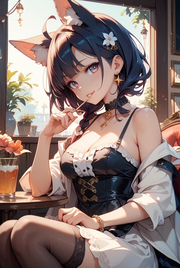(((Masterpiece))),(((Super Detail))),(((in 8K))),(((best composition))),(((Rim lighting,Fireglow effect,deep shadow))),solo),Beautiful fingers,Detailed finger features,(Detailed hair features:1.7),(Dynamic and sexy bending pose:1.3),detailed facial features,detailed clothes features, (perky chest:1.1), (pointed chest:1.3), delicate beautiful face, Bright blue eyes, cute eyes, sparkling eyes, Big eyes, beautiful detailed eyes,double bun with glittering hair ornament:0.6,(super detailed glossy skin:1.3),slender body,goddess smile,((with sparkling eyes and a contagious smile)),beautiful posture,have a cup of coffee,black hair, red eyes, dress, bare shoulders, jewelry, collarbone, sidelocks, hairband, earrings, indoors, off shoulder, sweater, arms behind back, plant, short hair with long locks, white hairband, off-shoulder dress, sweater dress, off-shoulder sweater, red sweater, big side hair, very long side hair,(super delicate floral pattern:1.2),seductive cleavage:1.3,beautiful glossy legs,shiny red high heels,lifting dishes with cakesd,french restaurant,hustle and bustle,rising steam,(((depth of fields)))