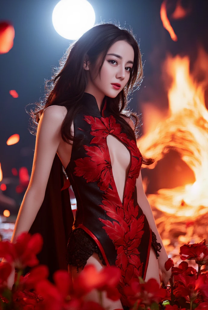 (highres)A devil girl with stunning red eyes and sharp fangs, surrounded by swirling flames. Her detailed, fiery wings unfurl behind her, casting eerie shadows on the ground. She exudes a powerful aura of darkness and mischief. Her skin is flawless and pale, with a subtle red tint. She wears a form-fitting, black leather outfit adorned with intricate patterns. The outfit accentuates her lithe figure and adds to her menacing presence. Her long, luscious black hair cascades down her back in loose curls, adding an element of seduction to her devilish allure. The scene is bathed in a hellish red glow, emphasizing the intensity of her demonic powers. The lighting casts dramatic shadows, accentuating her sharp features and adding depth to the composition. The overall art style is a mix of dark fantasy and gothic horror, with intricate details and expert shading. The colors are rich and vibrant, with a predominantly red color palette that heightens the sinister atmosphere. The devil girl stands in a confident pose, one hand on her hip, while the other holds a flickering flame that dances to the rhythm of her wicked laughter, big round breasts, (nude: 1.2)
