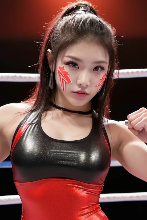 ((best quality)), ((masterpiece)), (detailed), 1girl, beautiful straight black long hair , passionate face , perfect body , black bra , wrestling gear , female wrestler , ring stage background , stretching , focus