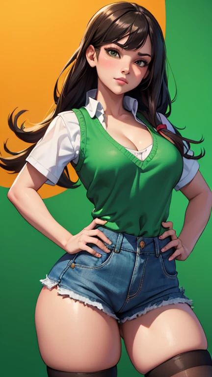 30 years-old women, yellow crop top shirt, blue jean, showing navel, glasses, classroom, teacher, teaching, ((holding a cane))
