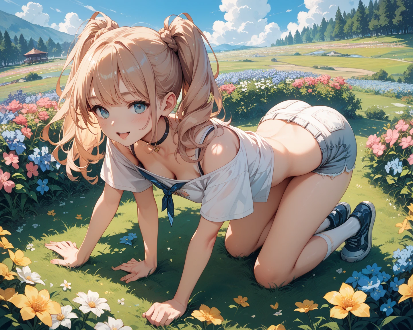 masterpiece,best quality,ultra-detailed,high resolution,4k,
1 girl,(solo),beautiful pretty cute face,beautiful detailed eyes,
back focus, ass shot,
smile,gym uniform,good weather,no print t-shirt, small ass,
school ground, blue sky,
little girls,kawaii, (loli:1.3),on all fours