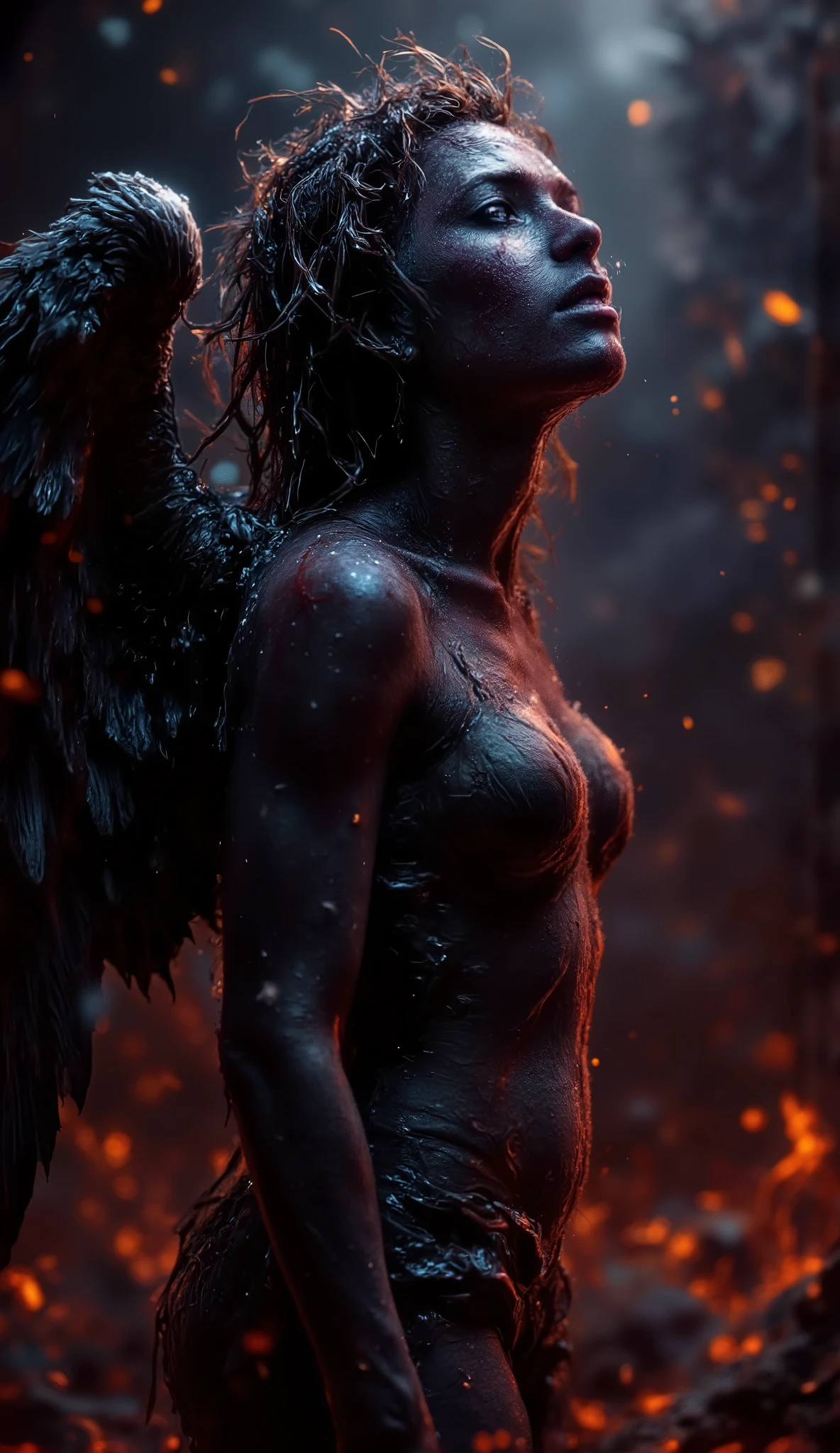 Really epic realistic and very low coloured and low contrast photography, 35 years old scantily clad sexy and angry innocent woman as a angel of darkness with big dark angel wings looking into the hell from the left side. Angel warmth of exhalation from nose and little open mouth, goose skin, more sweaty in face and body. Angel wearing a wet torn ripped and dirty dark semi transparent habitus, realistic bloody slash wounds on face and body, in the winter with snow, more fog and volumetric lights, more fires some with raising dark smoke in background, full body, Hasselblad X2D 100C, looking into the lens, in the night and dark open area, come from hell, focus f=4.0, more stars bokeh, distance=50 ft, epic backlight, light from above to down and face. 8k nordic woman..... --ar 9:16